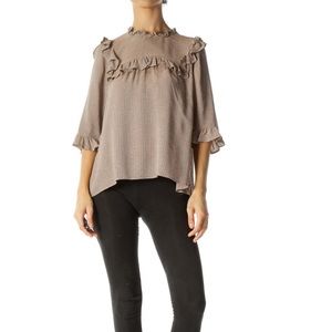 Zara Brown Houndstooth Ruffled Bibbed 3/4 Sleeve Blouse